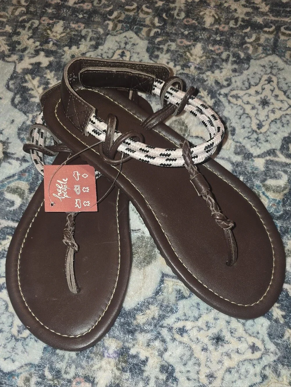 NWT Free People Chocolate Island Hopping Wrap Sandals 6 Rope T Strap Leather